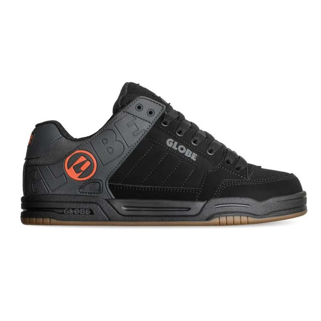 Side profile of Globe Tilt Black Orange skate shoes showing molded TPR collar and durable nubuck upper