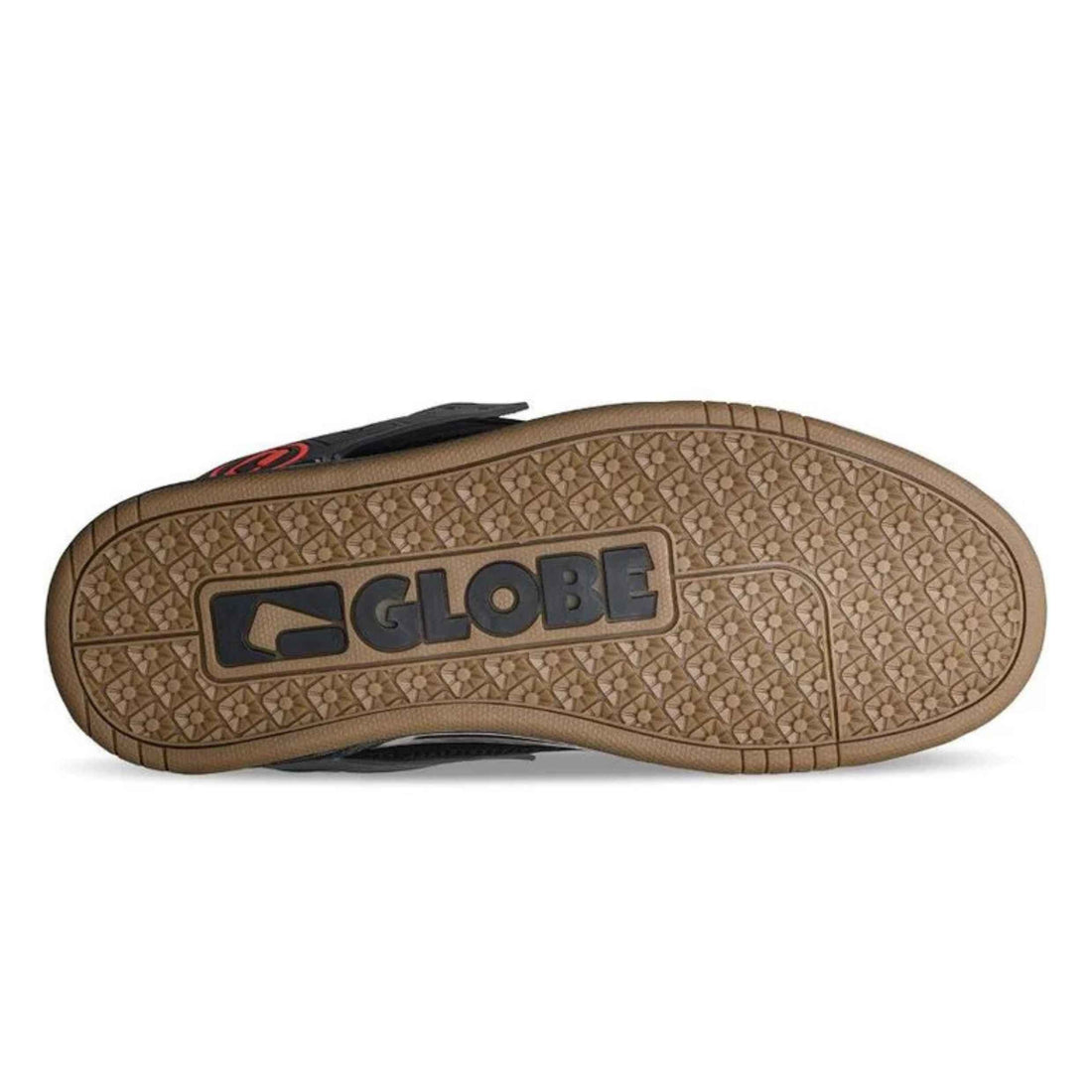 Sole view of Globe Tilt Black Orange skate shoes with Globe’s S-Trac sole pattern for grip and control