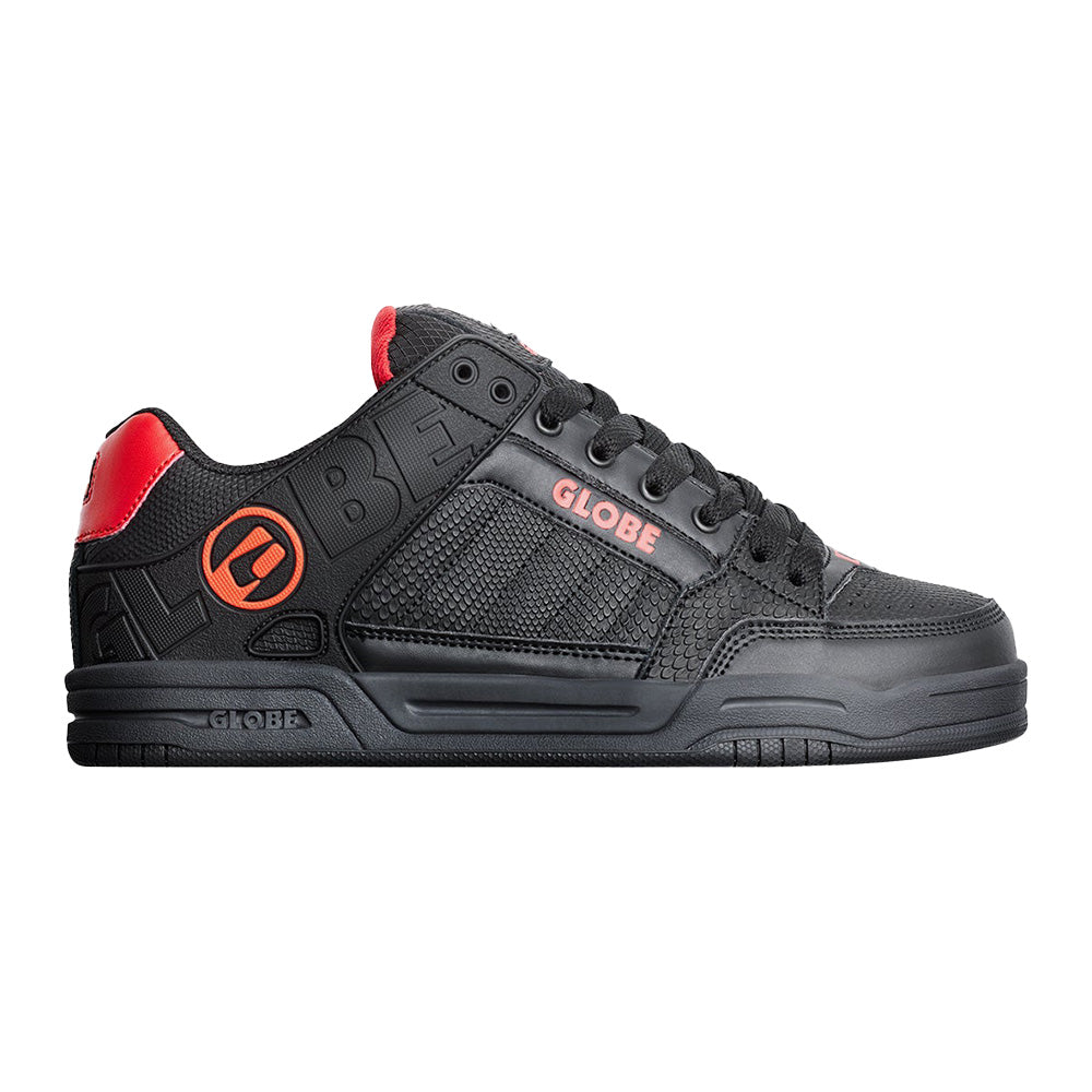 Side profile of Globe Tilt Black Snake skate shoes showing textured panels and bold Globe logo