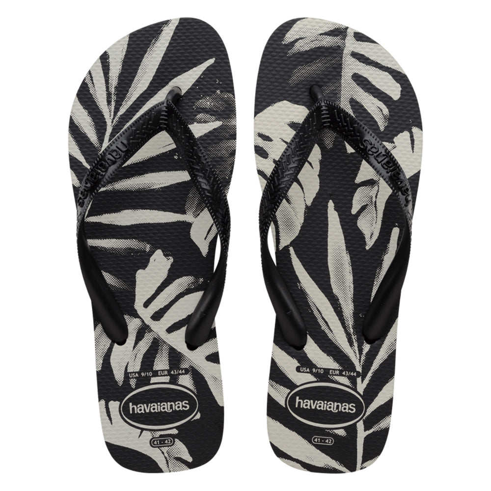 Havaianas Aloha Black Black Jandals — black Brazilian sandals with floral print and classic logo strap, available at Freeride Surf & Skate NZ.