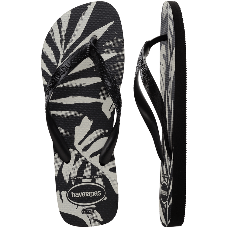 Havaianas Aloha Black Black Jandals — black Brazilian sandals with floral print and classic logo strap, available at Freeride Surf & Skate NZ.