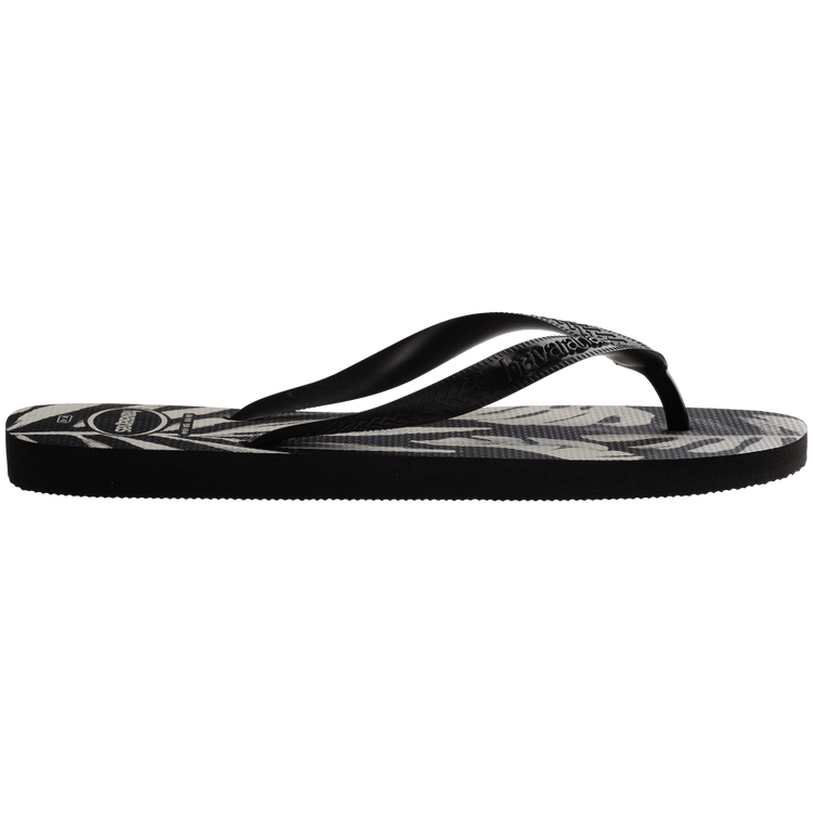 Havaianas Aloha Black Black Jandals — black Brazilian sandals with floral print and classic logo strap, available at Freeride Surf & Skate NZ.