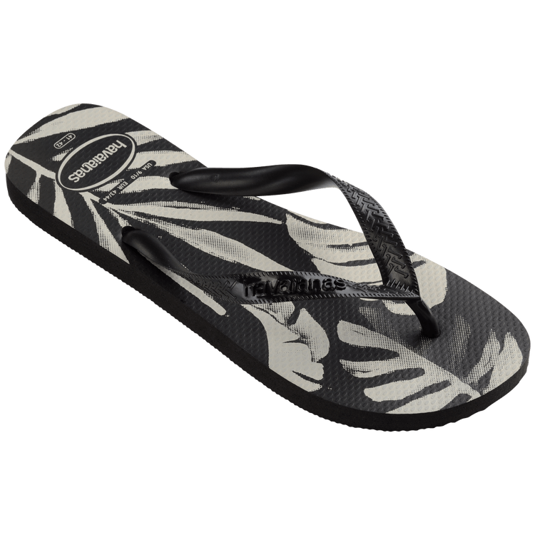 Havaianas Aloha Black Black Jandals — black Brazilian sandals with floral print and classic logo strap, available at Freeride Surf & Skate NZ.
