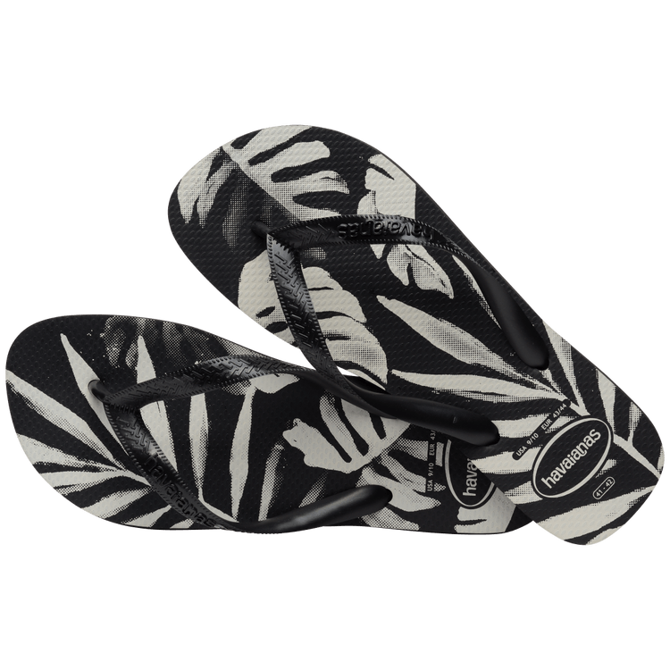Havaianas Aloha Black Black Jandals — black Brazilian sandals with floral print and classic logo strap, available at Freeride Surf & Skate NZ.