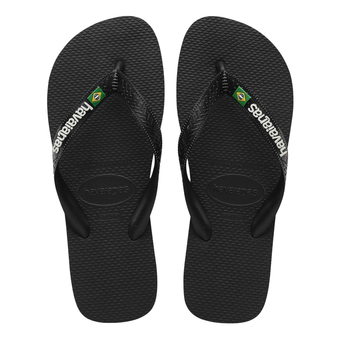 Havaianas Brazil jandals in Black White with Brazilian flag strap detail and striped sole, available at Freeride Surf & Skate NZ.