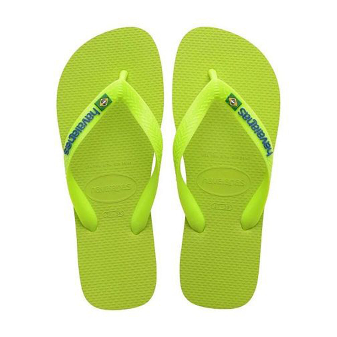 Havaianas Brazil Logo Lime Jandals — bright green Brazilian sandals with flag logo and soft rubber sole, available at Freeride Surf & Skate NZ.