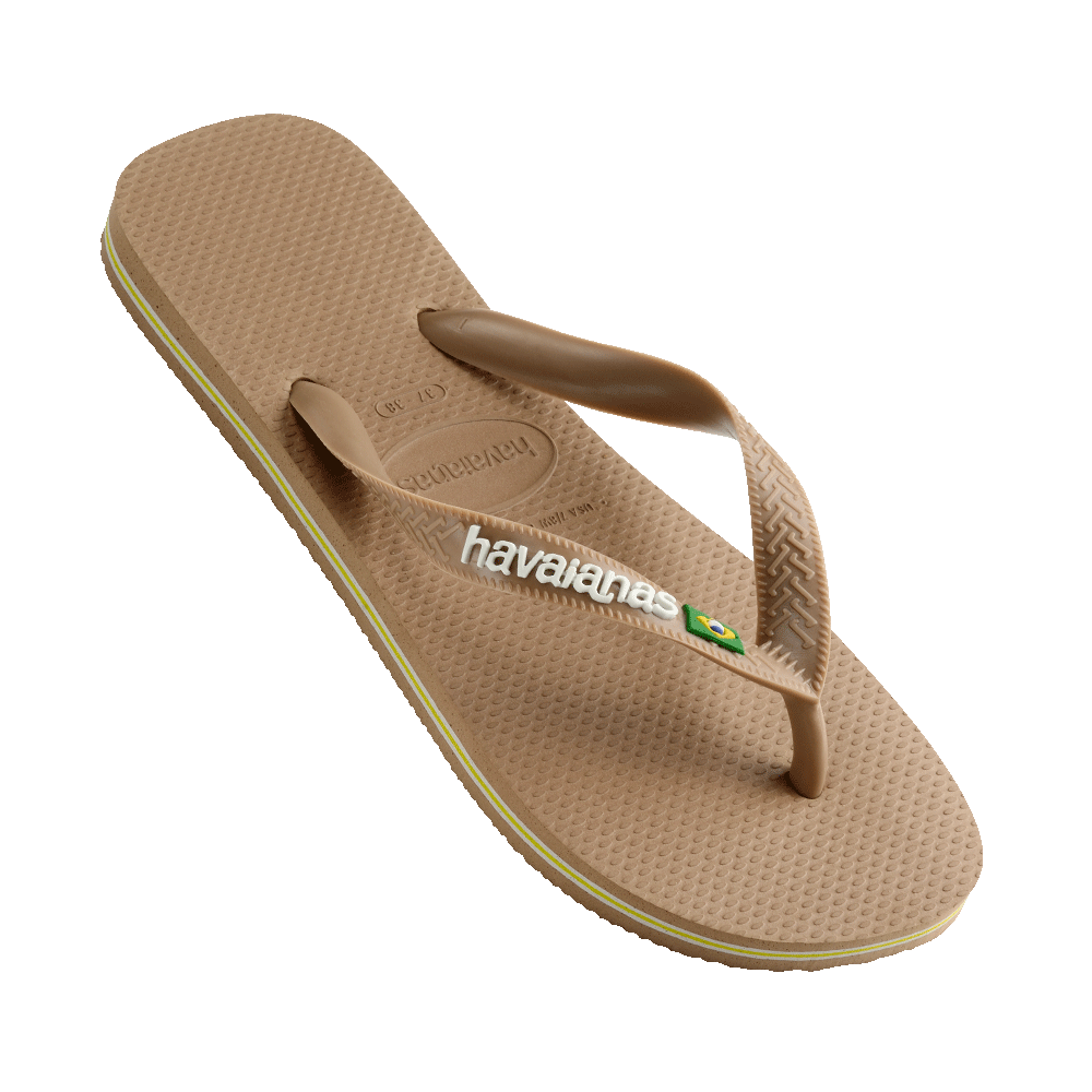 Havaianas Brazil Logo Tan Jandals — tan Brazilian sandals with flag logo and cushioned rubber sole, available at Freeride Surf & Skate NZ.