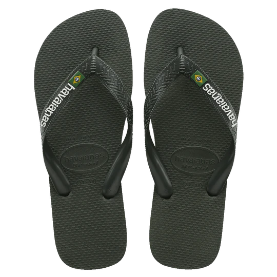 Havaianas Brazil Olive Green Jandals — olive green Brazilian sandals with flag logo and cushioned sole, available at Freeride Surf & Skate NZ.