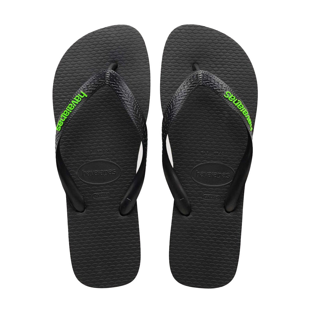 Havaianas Logo Filete Black Neon Green Jandals — black Brazilian sandals with neon green logo and stripe trim, available at Freeride Surf & Skate NZ.
