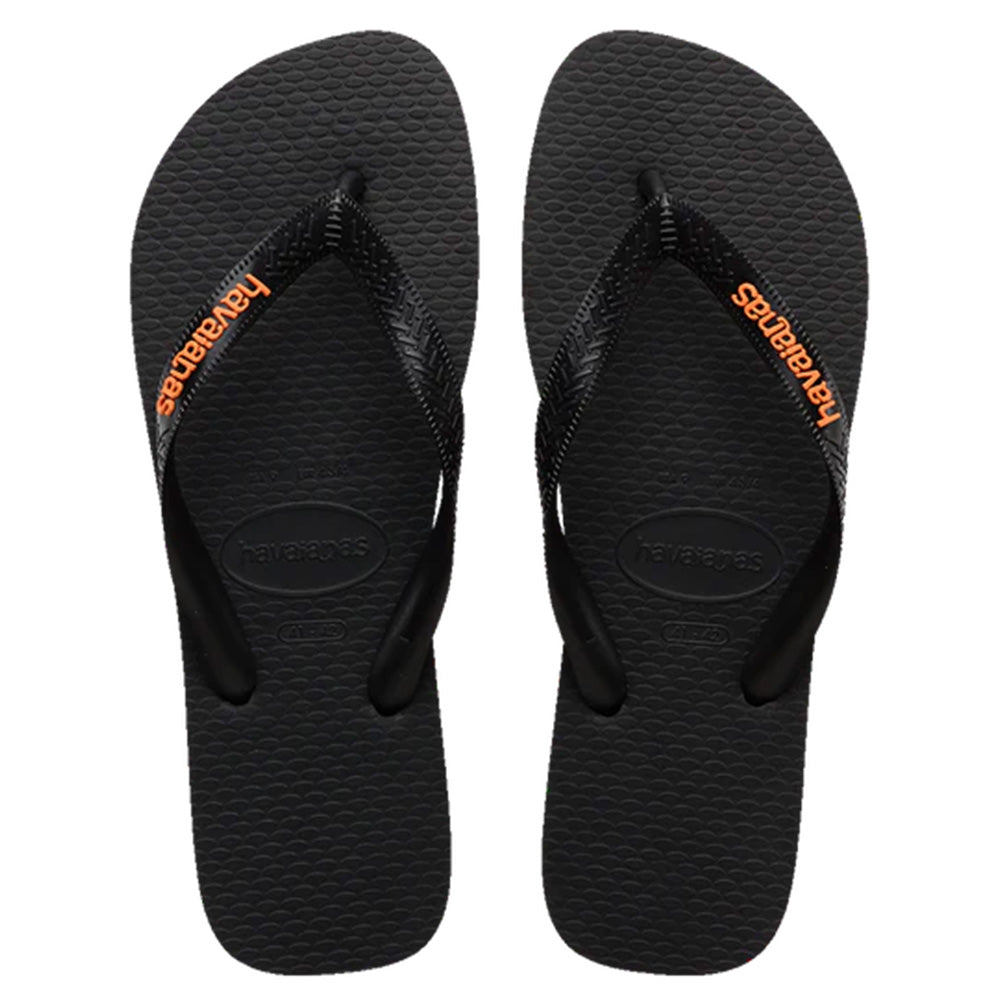 A pair of black Havaianas flip-flops with neon orange logo on the strap.