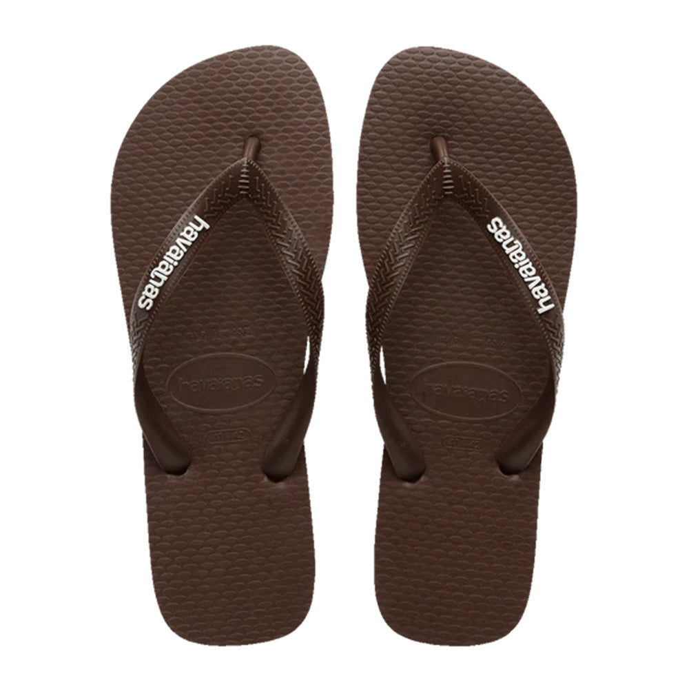 Havaianas Logo Filete Dark Brown Jandals — dark brown Brazilian sandals with contrast stripe and embossed logo, available at Freeride Surf & Skate NZ.