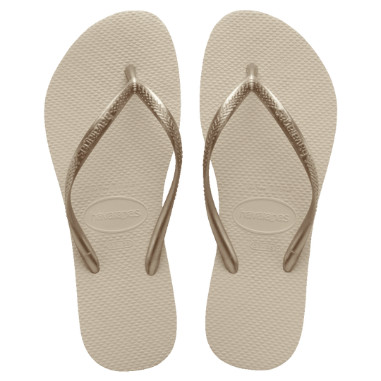 Havaianas Slim Beige Jandals — minimalist beige Brazilian sandals with slim strap and cushioned sole, available at Freeride Surf & Skate NZ.