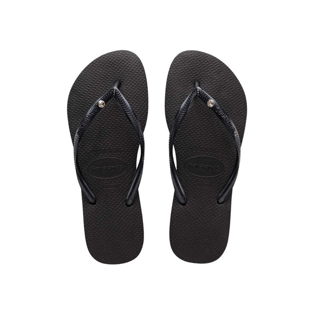 Havaianas Slim Crystal Black Jandals — black Brazilian sandals with crystal strap detail and cushioned sole, available at Freeride Surf & Skate NZ.