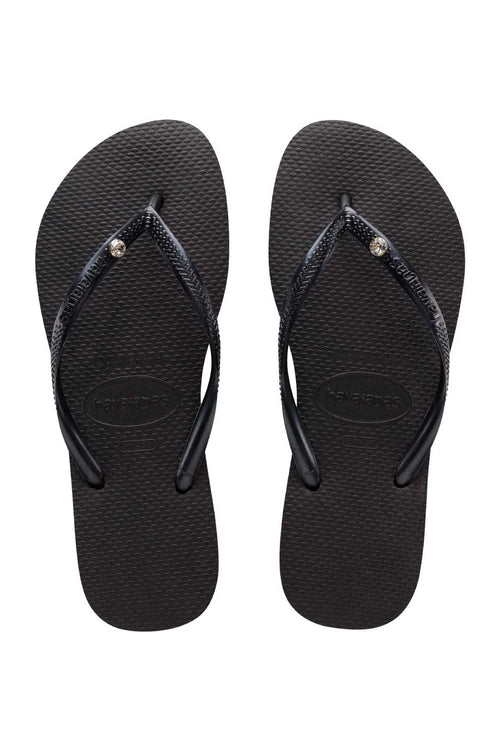Havaianas Slim Crystal Black Jandals — black Brazilian sandals with crystal strap detail and cushioned sole, available at Freeride Surf & Skate NZ.