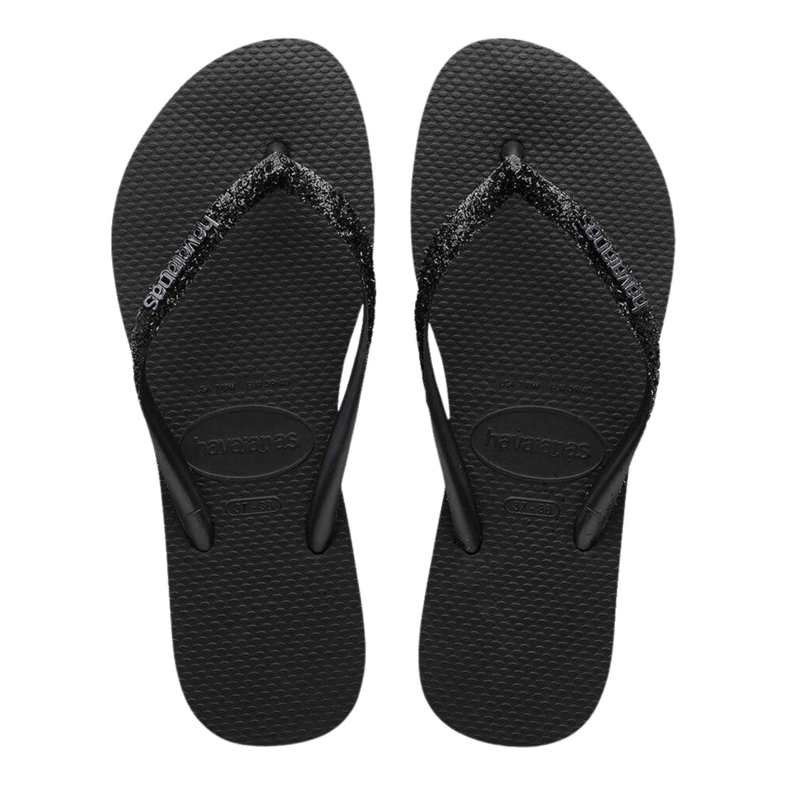 Havaianas Slim Glitter Black Black jandals — lightweight women’s sandals with slim glitter straps and cushioned rubber sole, available at Freeride Surf & Skate NZ.