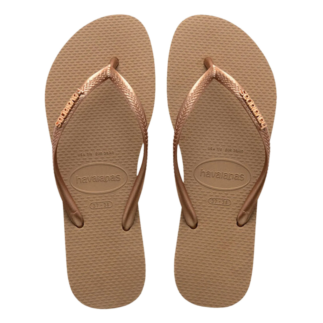 Havaianas Slim Logo Metallic Rose Gold sandals — lightweight Brazilian flip flops with metallic strap and soft rubber sole, available at Freeride Surf & Skate NZ