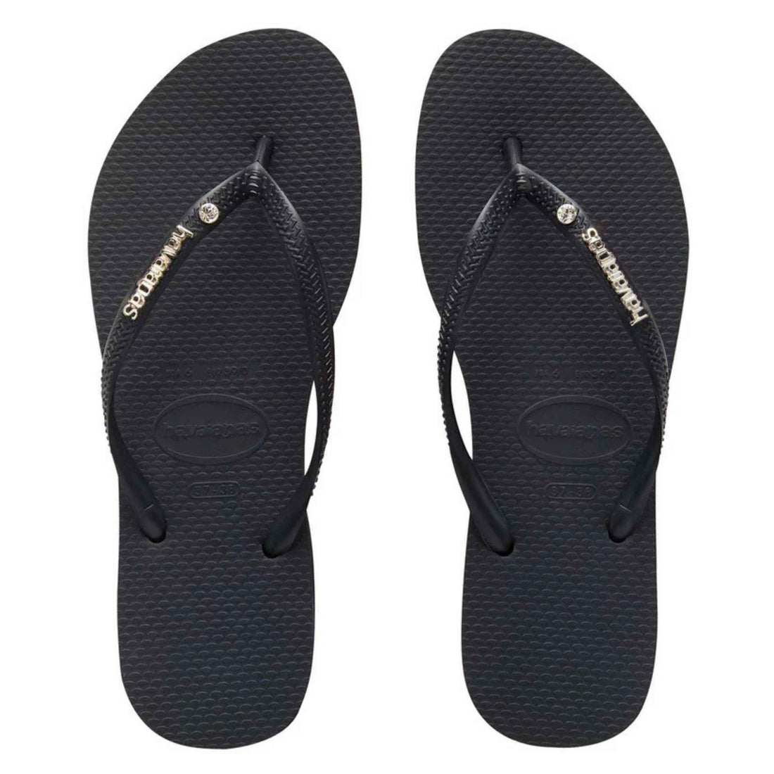 Havaianas Slim Metal Logo Crystal jandals — slim women’s sandals with metal logo hardware and Swarovski crystal detail, available at Freeride Surf & Skate NZ.
