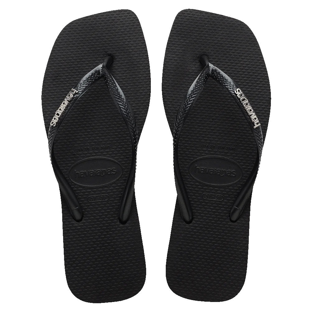 Havaianas Slim Square Logo Black Silver Jandals — slim black Brazilian sandals with metallic silver logo and cushioned sole, available at Freeride Surf & Skate NZ.
