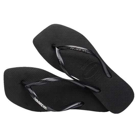 Havaianas Slim Square Logo Black Silver Jandals — slim black Brazilian sandals with metallic silver logo and cushioned sole, available at Freeride Surf & Skate NZ.
