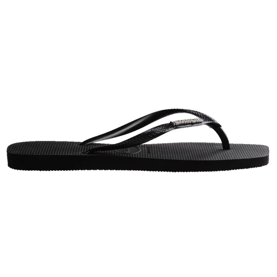 Havaianas Slim Square Logo Black Silver Jandals — slim black Brazilian sandals with metallic silver logo and cushioned sole, available at Freeride Surf & Skate NZ.