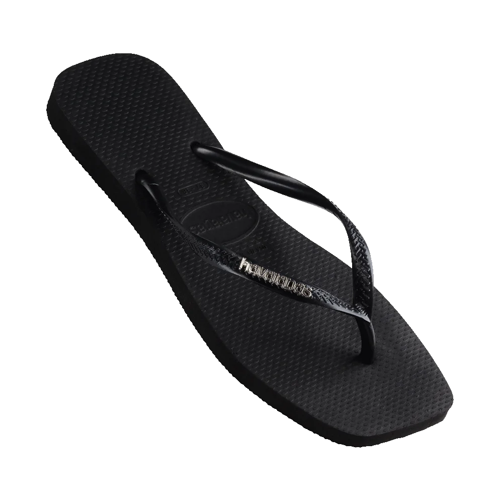Havaianas Slim Square Logo Black Silver Jandals — slim black Brazilian sandals with metallic silver logo and cushioned sole, available at Freeride Surf & Skate NZ.