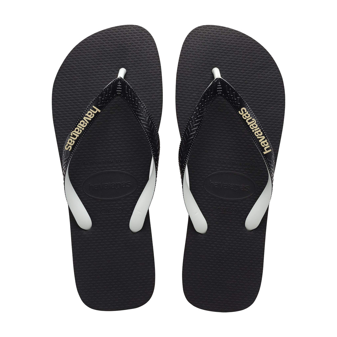 Havaianas Top Black White Tan Jandals — black Brazilian sandals with white logo and tan sole, available at Freeride Surf & Skate NZ.