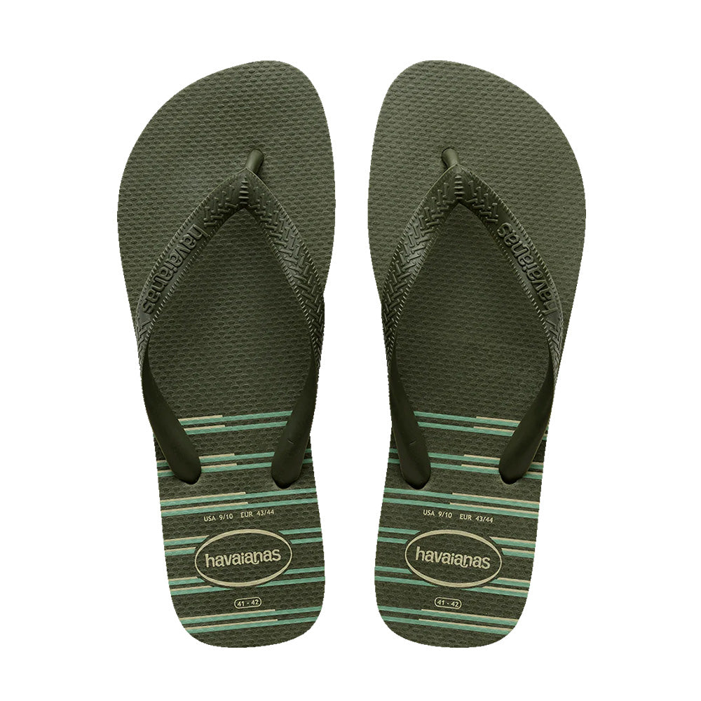 Havaianas Top Green Stripe Jandals — classic green Brazilian sandals with striped sole detail, available at Freeride Surf & Skate NZ.