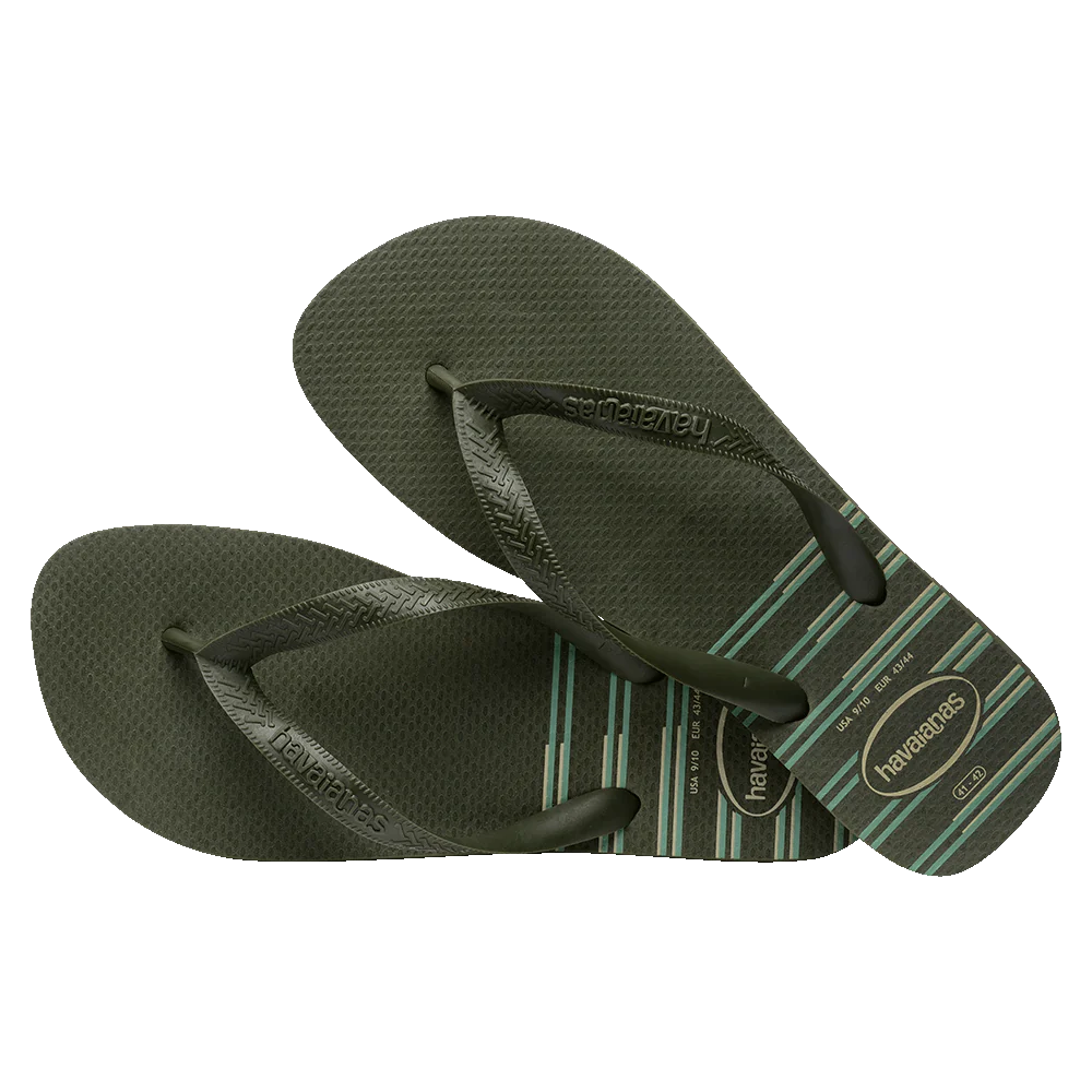 Havaianas Top Green Stripe Jandals — classic green Brazilian sandals with striped sole detail, available at Freeride Surf & Skate NZ.