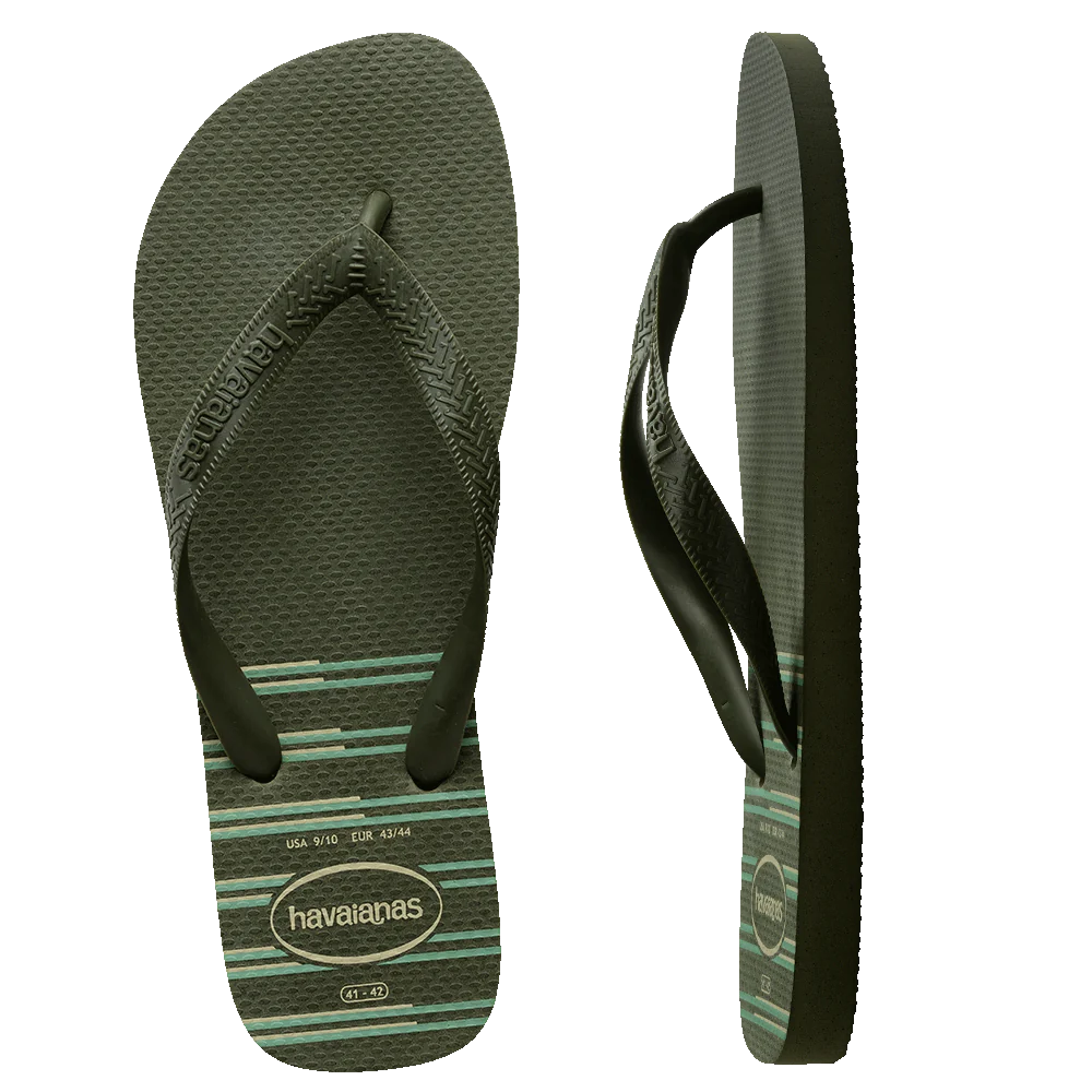 Havaianas Top Green Stripe Jandals — classic green Brazilian sandals with striped sole detail, available at Freeride Surf & Skate NZ.