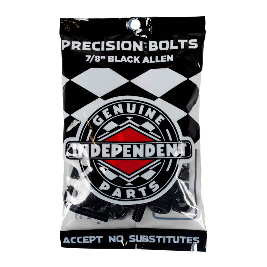 Independent Allen 7/8” black bolts — skateboard hardware set with countersunk head, 8 bolts, 8 nuts, and Allen key included, available at Freeride Surf & Skate NZ.