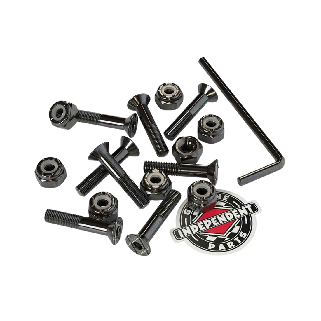 Independent Allen 7/8” black bolts — skateboard hardware set with countersunk head, 8 bolts, 8 nuts, and Allen key included, available at Freeride Surf & Skate NZ.