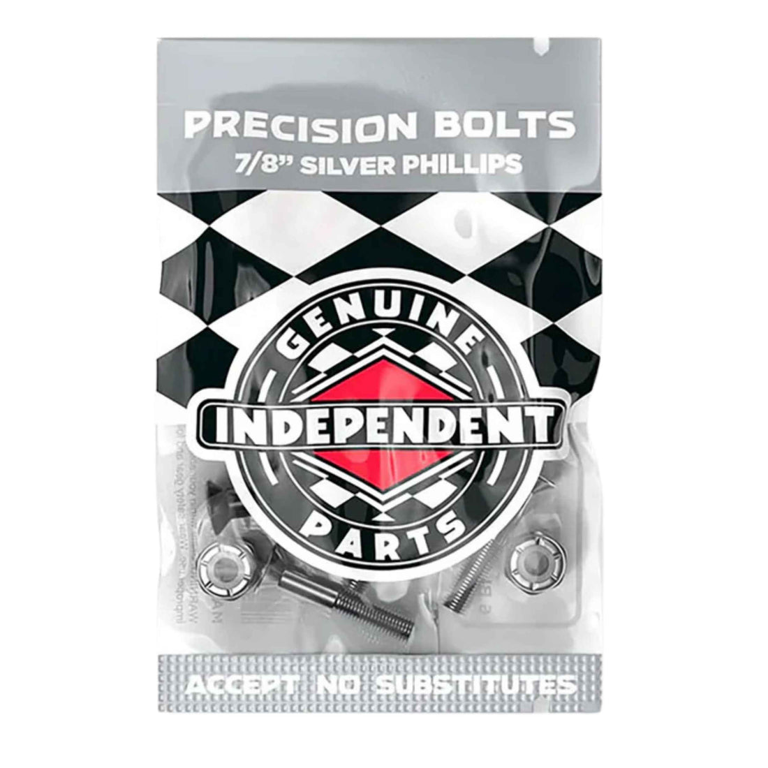 Independent Phillips 7 8 black silver skateboard hardware bolts with diamond plate heads available at Freeride Surf & Skate NZ.