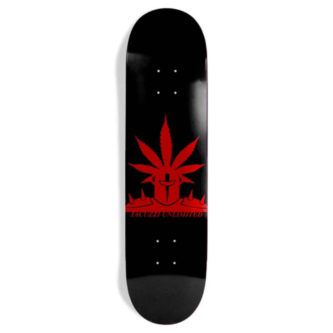 Jacuzzi Weedstar skateboard deck 8.25 inch Louie Barletta pro skateboard deck available at Freeride Surf & Skate NZ. A black skateboard deck featuring a red graphic of a cannabis leaf with a Spartan helmet and the text 'JACCUZI UNLIMITED' printed on the underside.