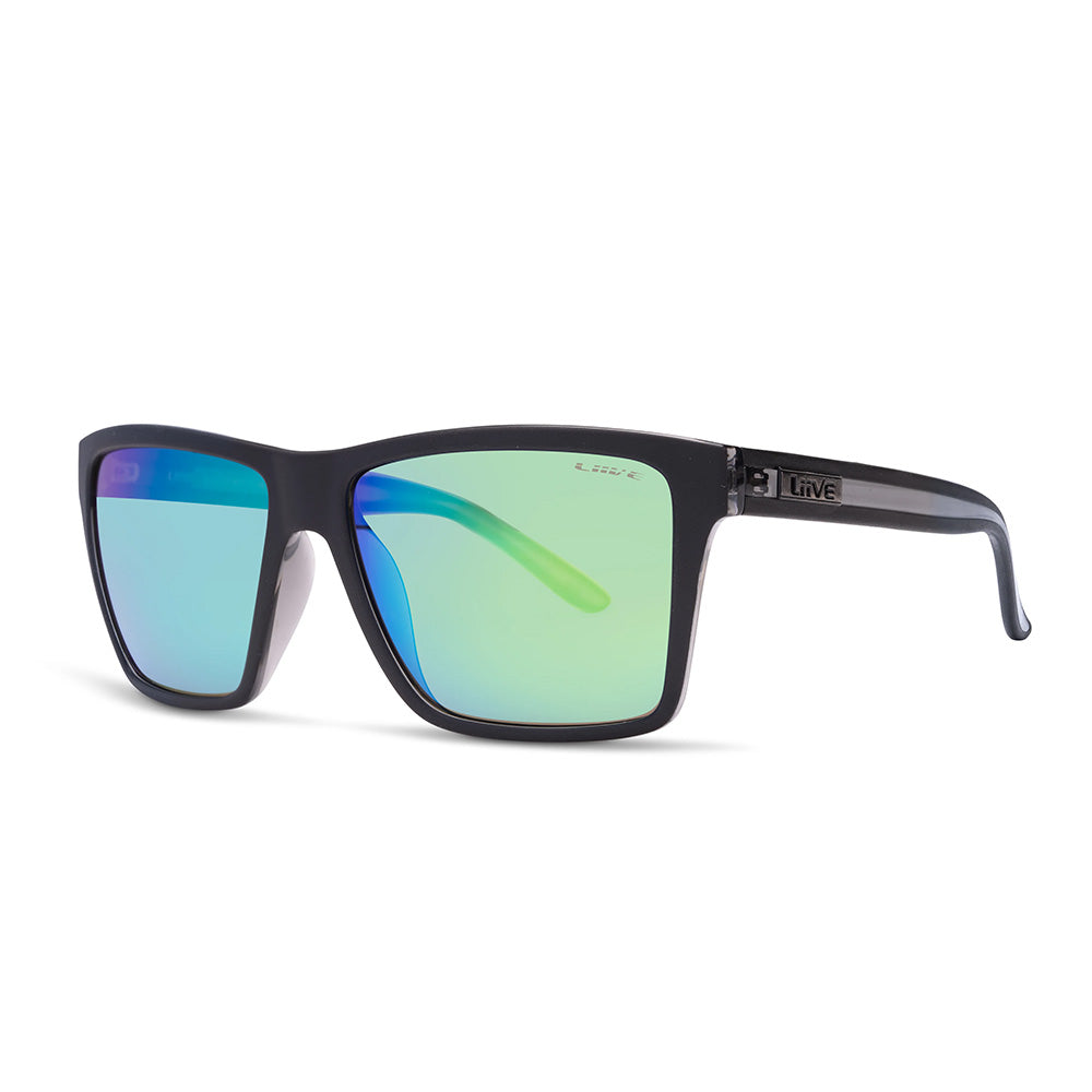 Liive Bazza Mirror Sunglasses in Matt Black with smoke green mirror lenses, lightweight frame and gunmetal logo, available at Freeride Surf & Skate NZ.
