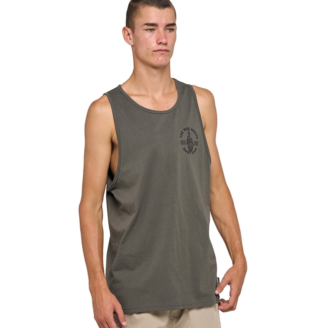 Shop Mad Hueys FKRS Ahoy Tank Charcoal – classic surf tank with bold graphics. Shop in store at the West Auckland Surf Shop or online. Fast NZ shipping.