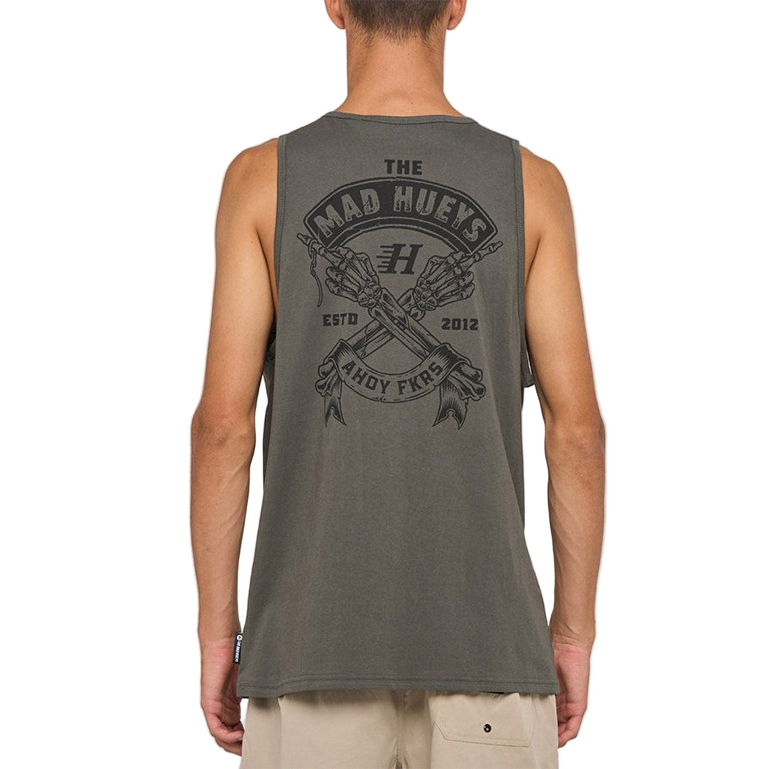 Shop Mad Hueys FKRS Ahoy Tank Charcoal – classic surf tank with bold graphics. Shop in store at the West Auckland Surf Shop or online. Fast NZ shipping.