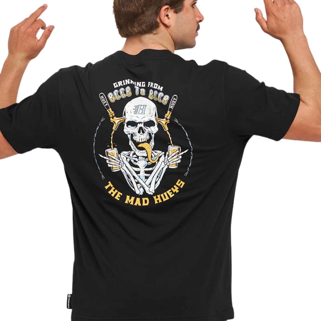 Mad Hueys Beer To Beer men's tee in Black with front chest and back graphic.