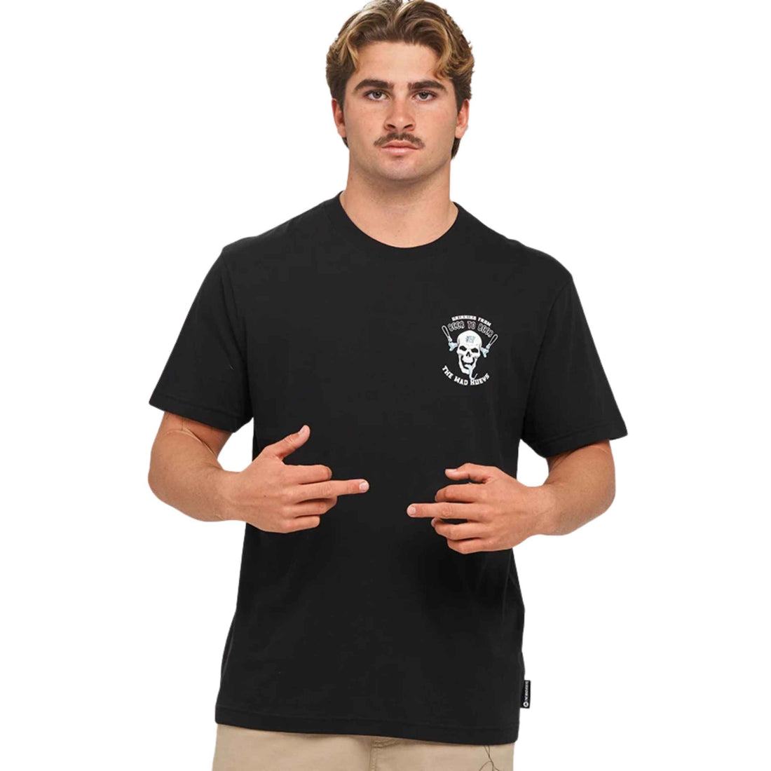 Mad Hueys Beer To Beer men's tee in Black with front chest and back graphic.