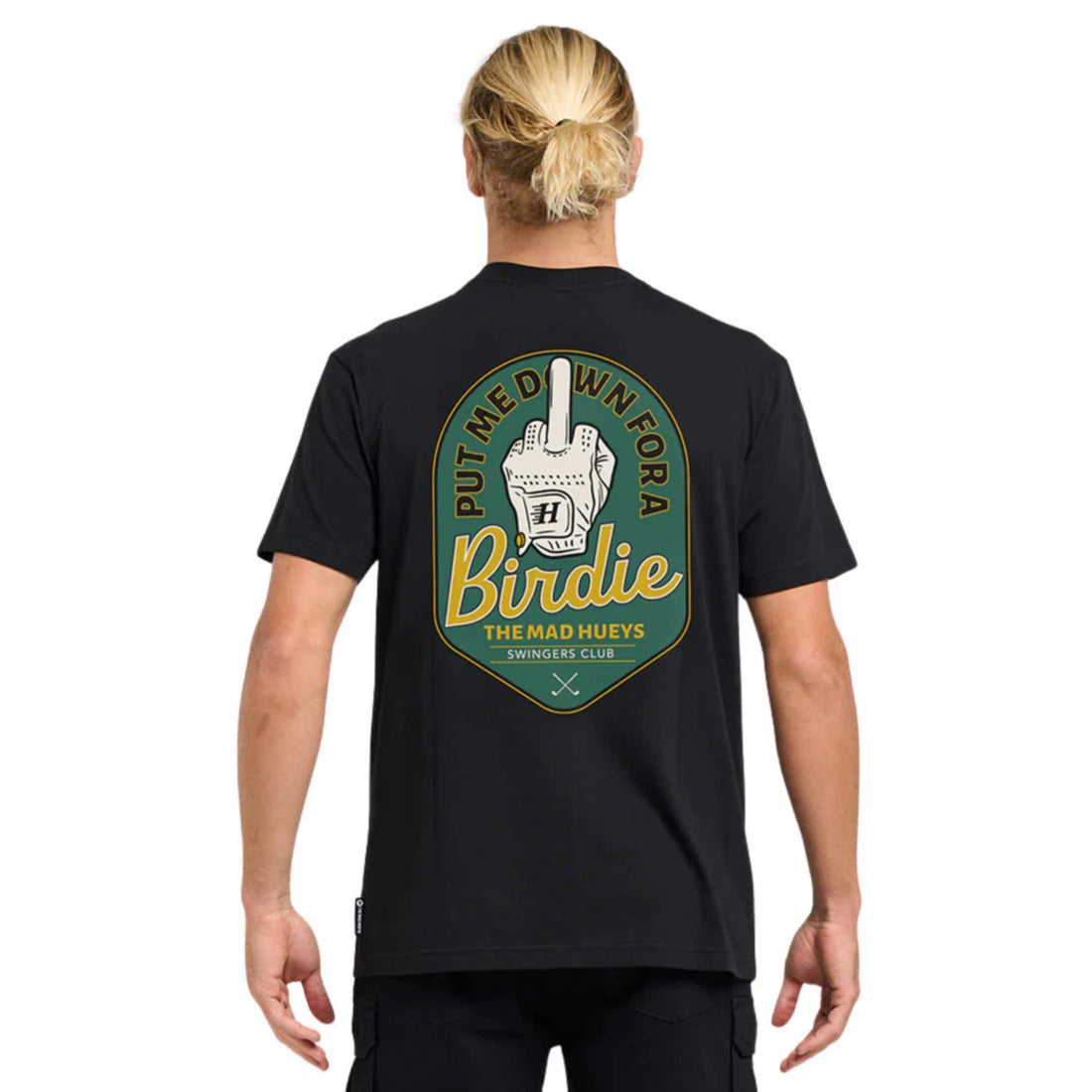 Mad Hueys Birdie Tee in Black with chest graphic print