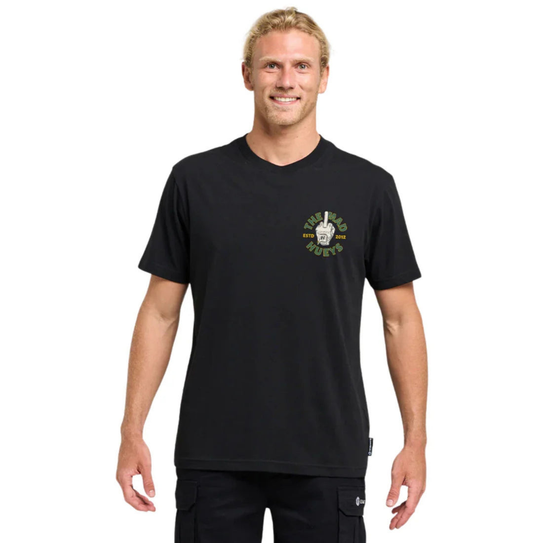 Mad Hueys Birdie Tee in Black with bold graphic print, surf-inspired cotton tee, NZ.