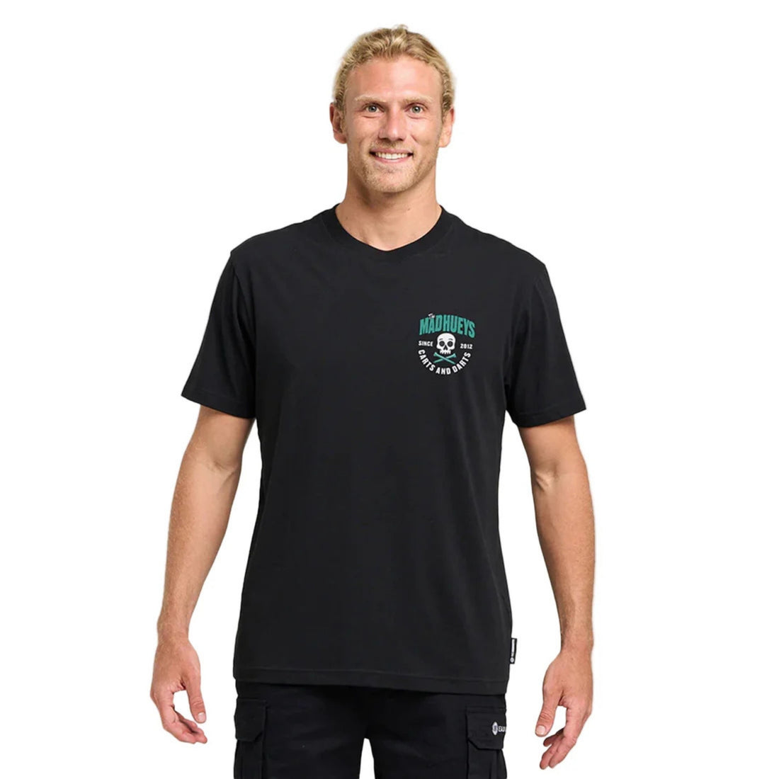 Mad Hueys Carts and Darts Tee in Black available at Freeride Surf & Skate NZ.