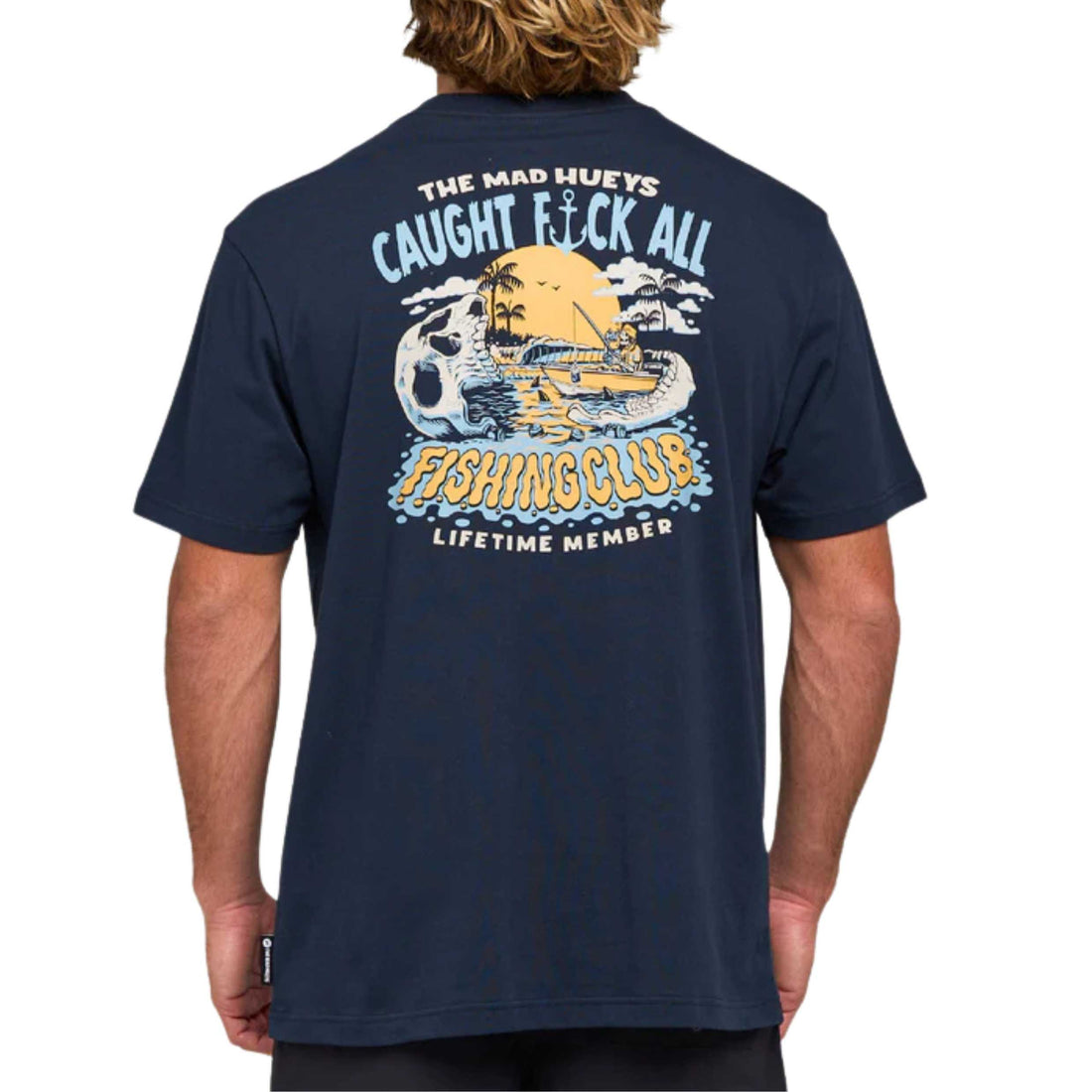 Mad Hueys Caught FK All Jaw men’s t-shirt in navy with bold fishing graphic prints, available at Freeride Surf & Skate NZ.