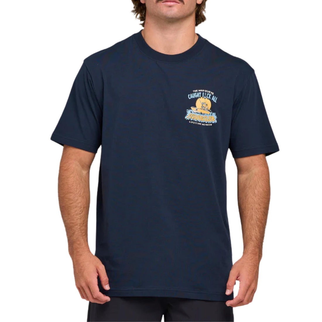 Mad Hueys Caught FK All Jaw men’s t-shirt in navy with bold fishing graphic prints, available at Freeride Surf & Skate NZ.