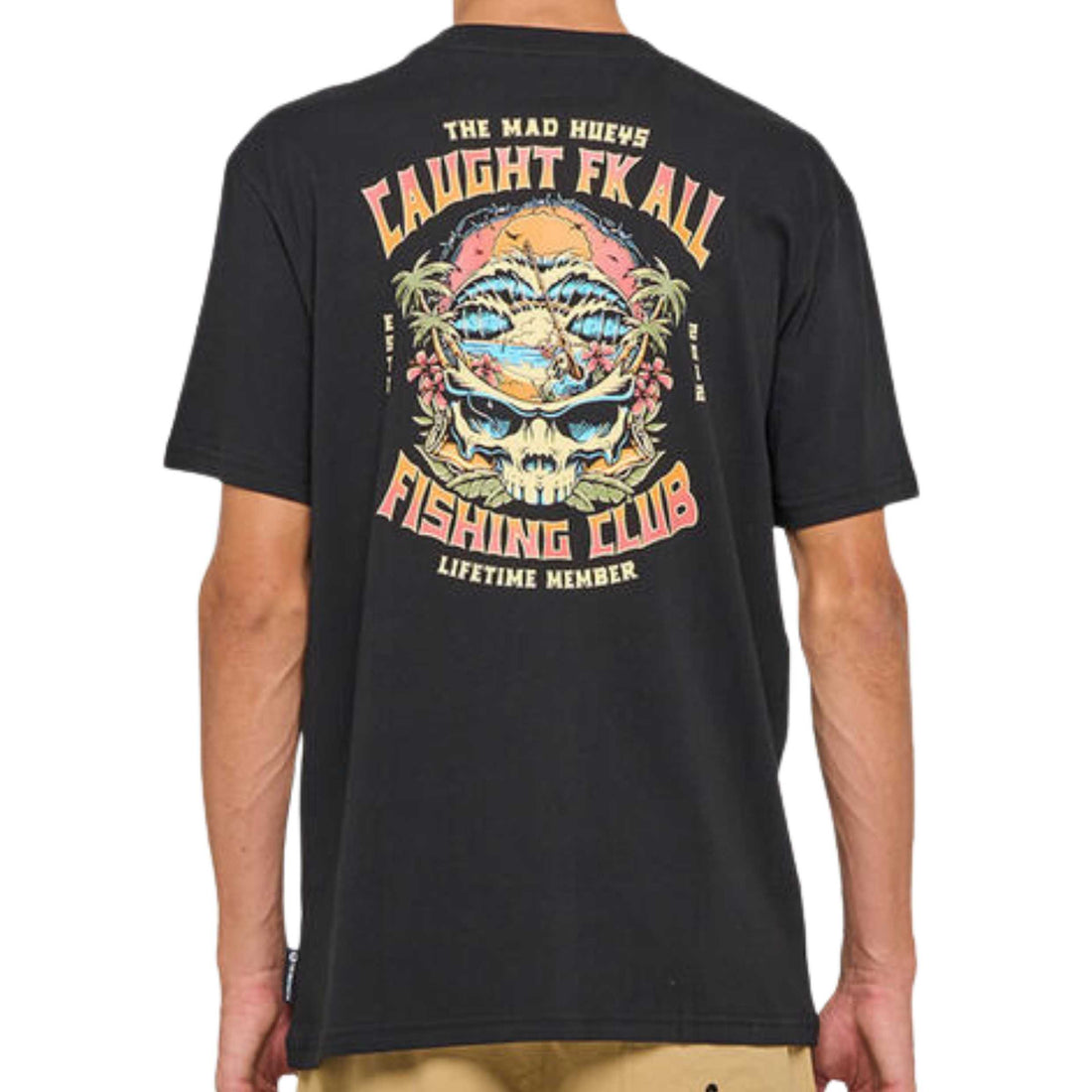 Mad Hueys Caught FK All Skull Tee Black — black cotton tee with large skull graphic on back, available at Freeride Surf & Skate NZ.