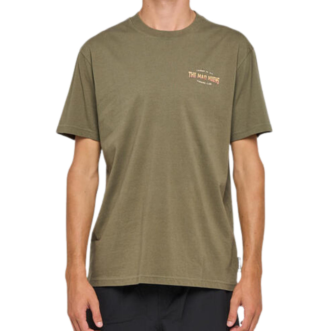 Mad Hueys Caught FK All Skull Tee Olive — olive skate/surf tee with large skull artwork, available at Freeride Surf & Skate NZ.