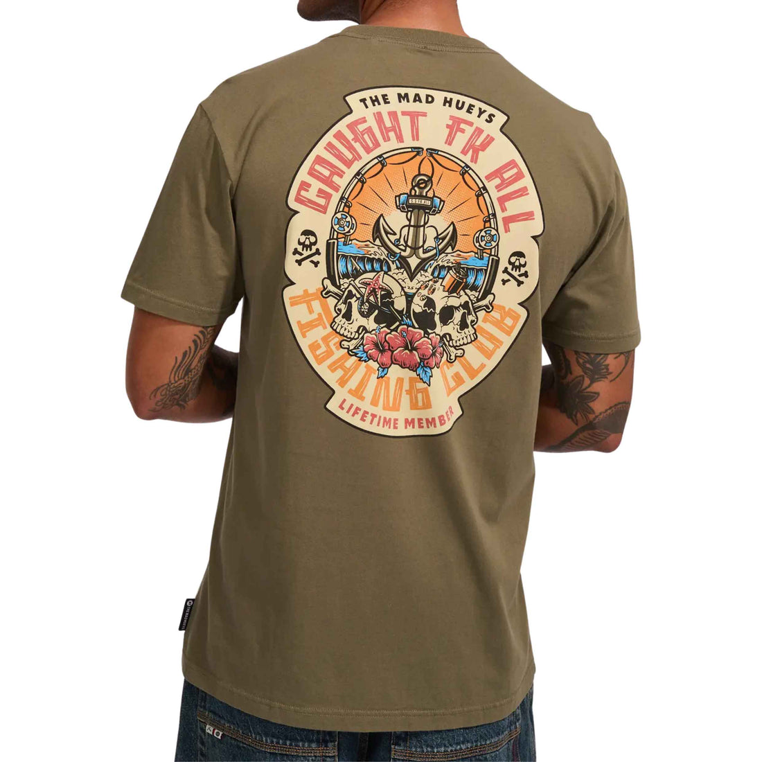 Mad Hueys Caught FK Skull Tee Olive with front and back print at Freeride Surf & Skate Auckland NZ