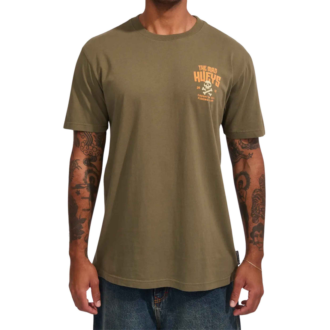 Mad Hueys Caught FK Skull Tee Olive with front and back print at Freeride Surf & Skate Auckland NZ