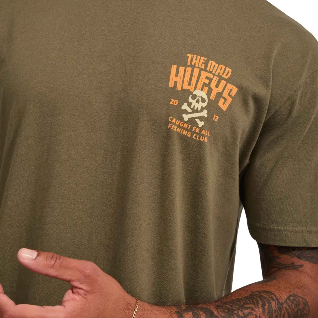 Mad Hueys Caught FK Skull Tee Olive with front and back print at Freeride Surf & Skate Auckland NZ
