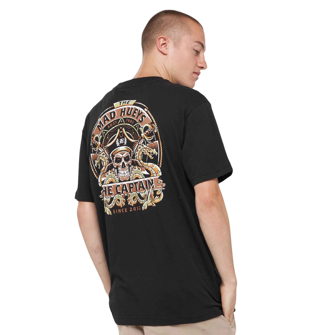 Mad Hueys Dragon Captain men's tee in Black with front chest and back graphic.