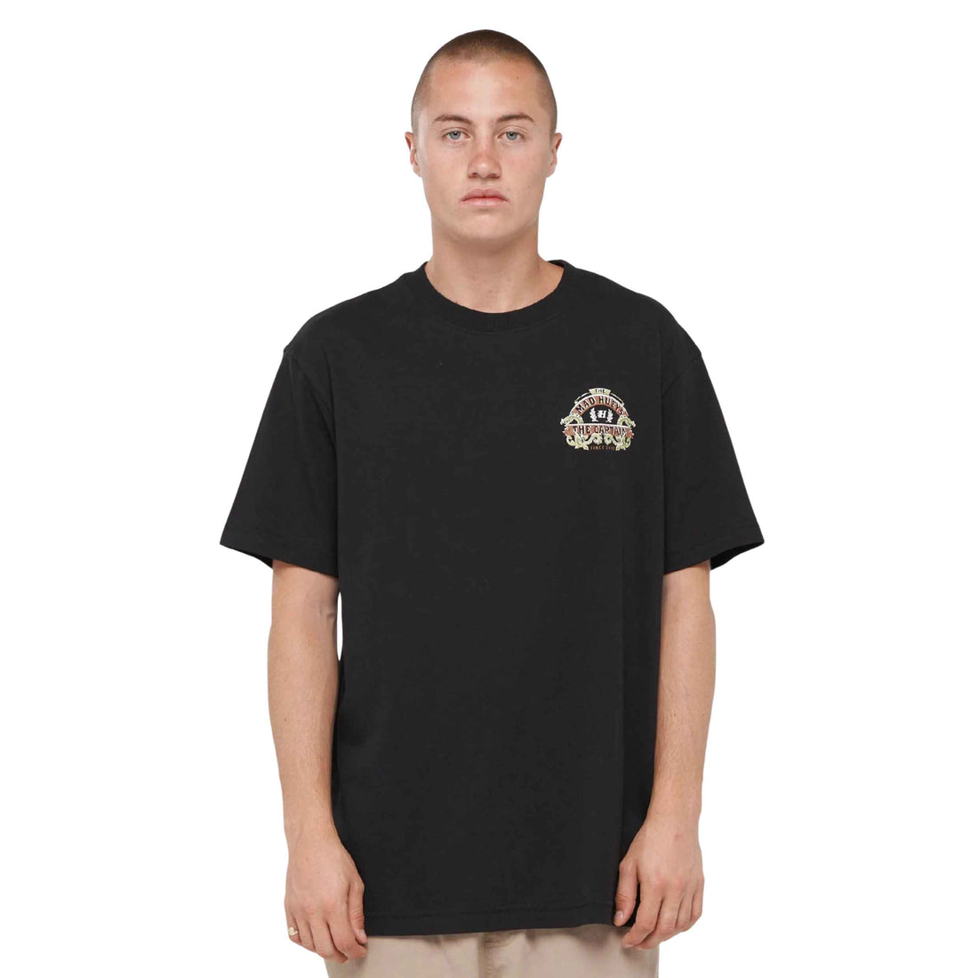 Mad Hueys Dragon Captain men's tee in Black with front chest and back graphic.